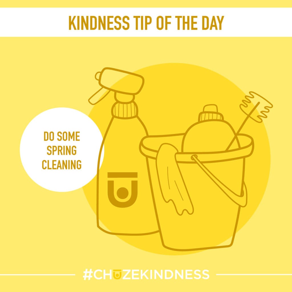 Yellow Kindness Tip Of The Day Graphic with cleaning supplies that says "Do Some Spring Cleaning."