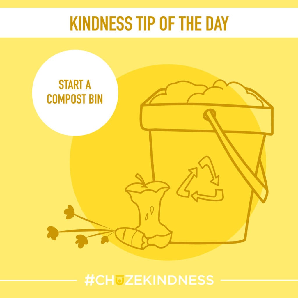 Yellow Kindness Tip Of The Day Graphic with a compost bin and apple core that says, "Start a compost bin."