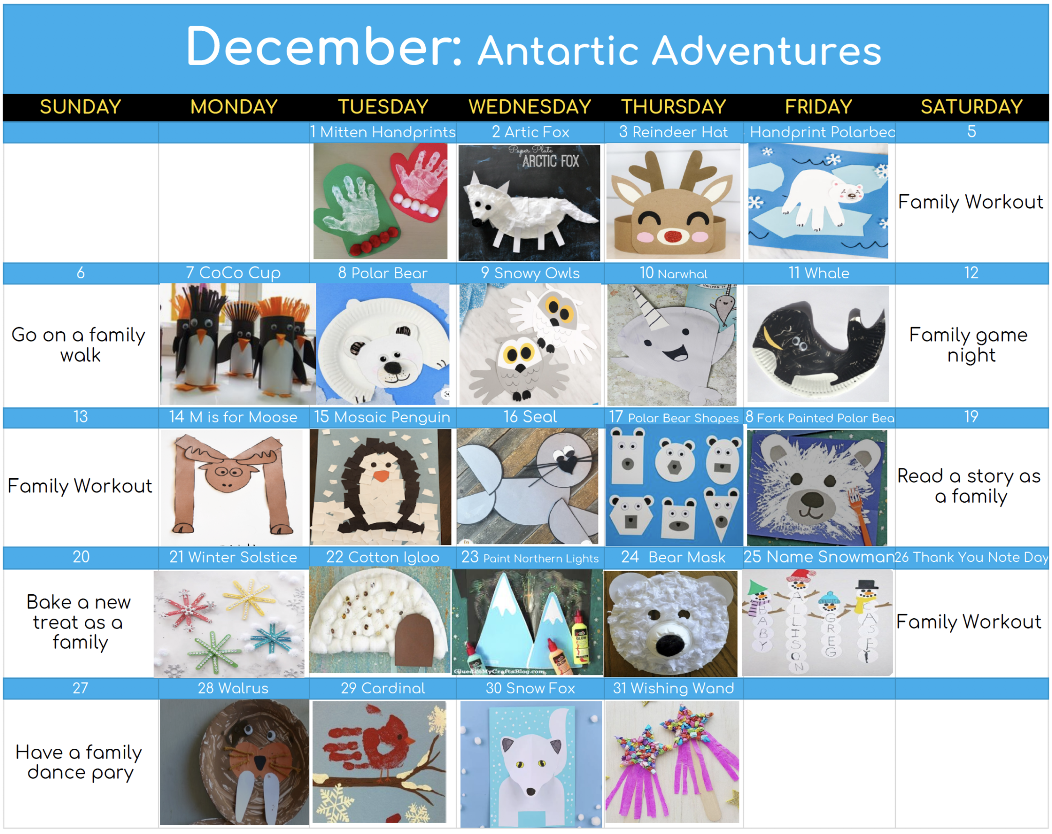 A calendar of December 2020 showing different crafts to do each day