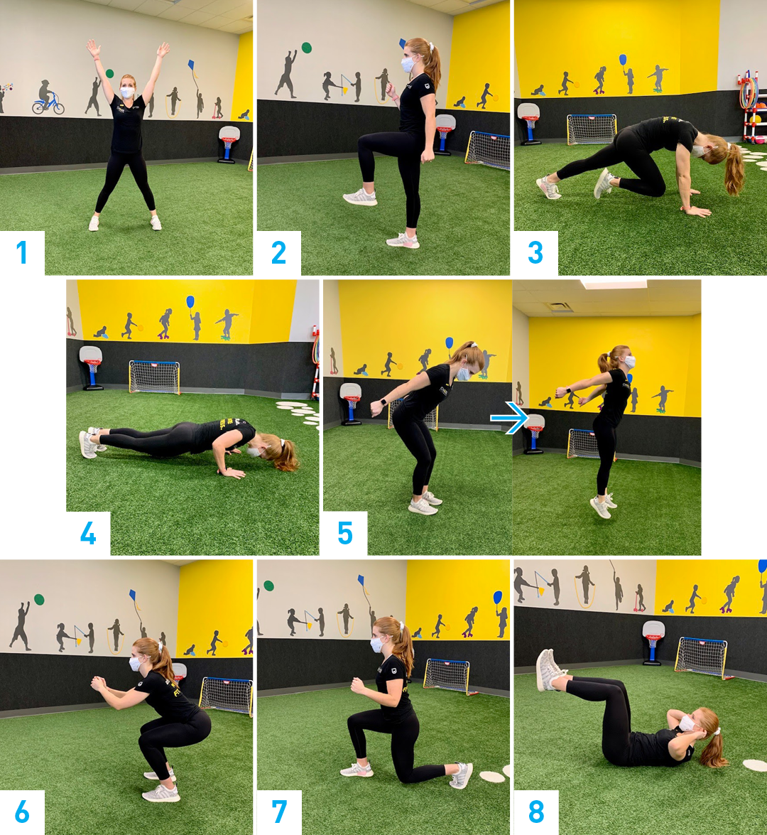 A collage of images showing examples of each numbered workout move