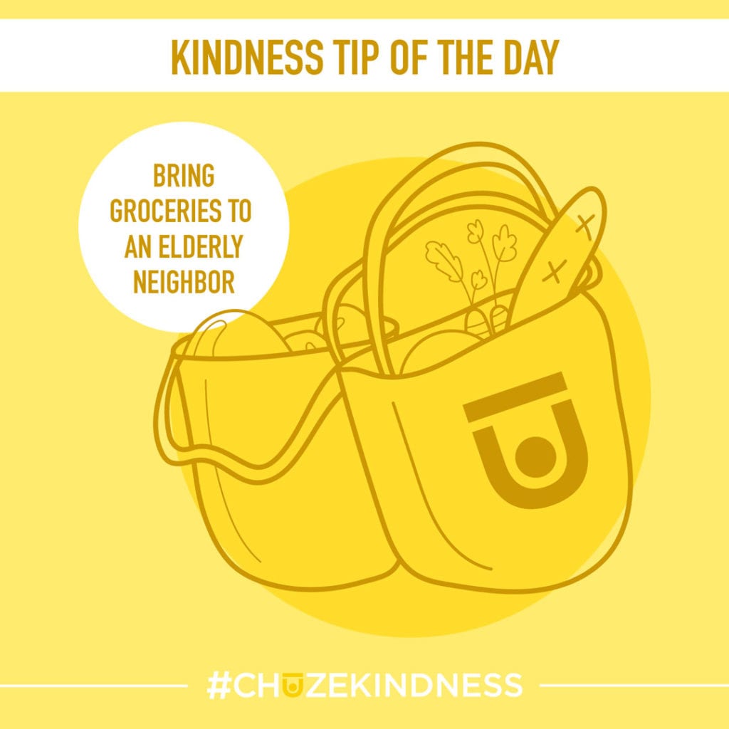 Yellow Kindness Tip Of The Day graphic with grocery bags that says, "Bring groceries to an elderly neighbor."