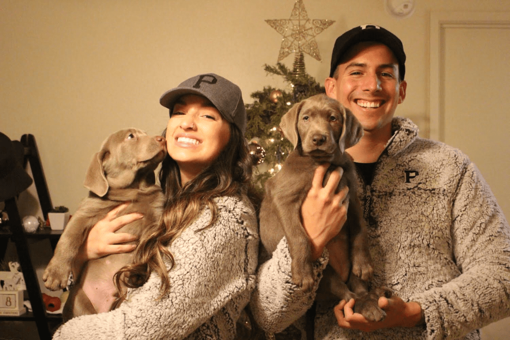 Melissa Pantoja holding a gray puppy on the left, and Chase Pantoja holding another gray puppy on the right in front of a Christmas Tree