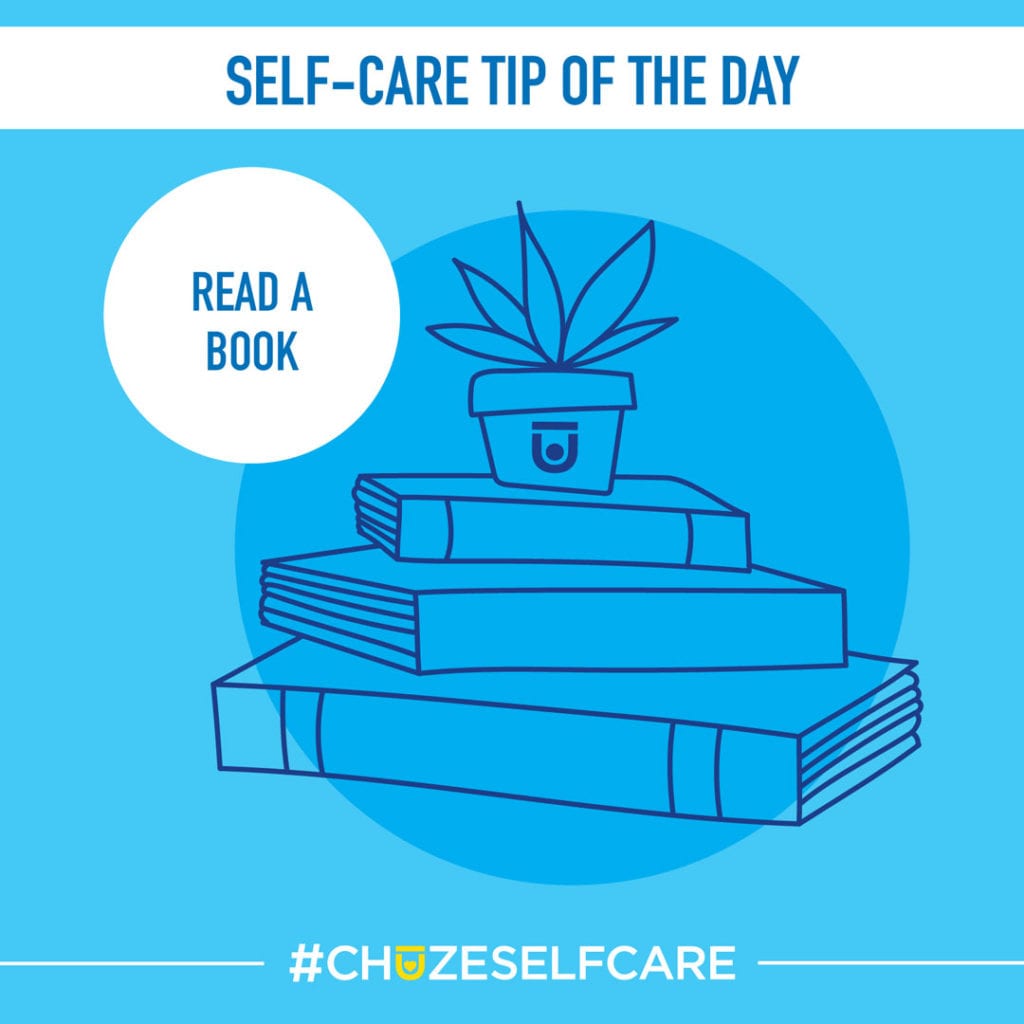 A blue illustration that says, "Self Care Tip Of The Day, read a book."