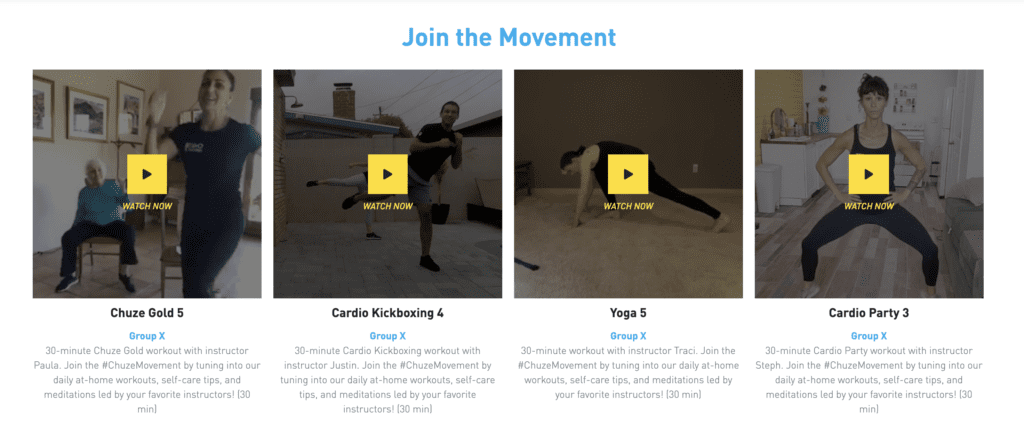 A screen shot of the Chuze Movement workout page which includes four stills of workouts like Chuze Gold, Cardio Kickboxing, Yoga, and Cardio party, with play buttons.