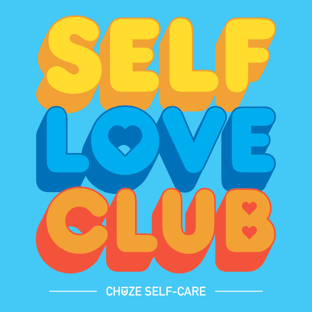 A blue square illustration that says "Self Love Club" in yellow, blue, and orange bubble letters.
