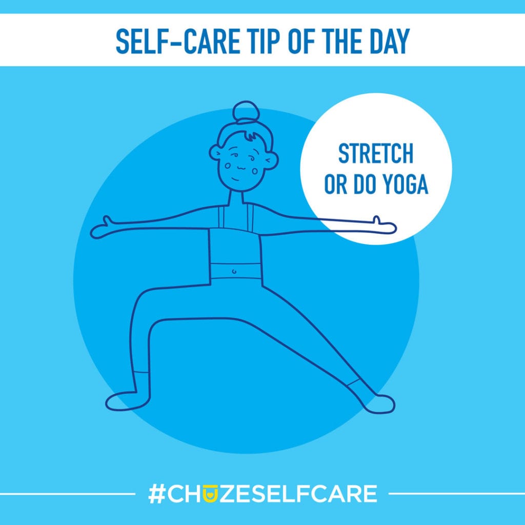 A blue illustration that says, "Self Care Tip Of The Day, stretch or do yoga."