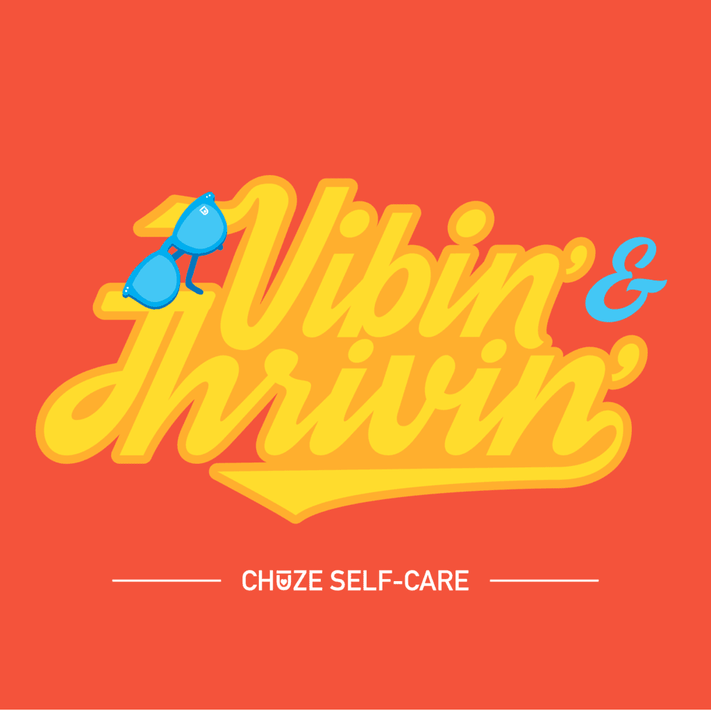 An orange illustration that says "Vibin' & Thrivin'" in retro yellow letters