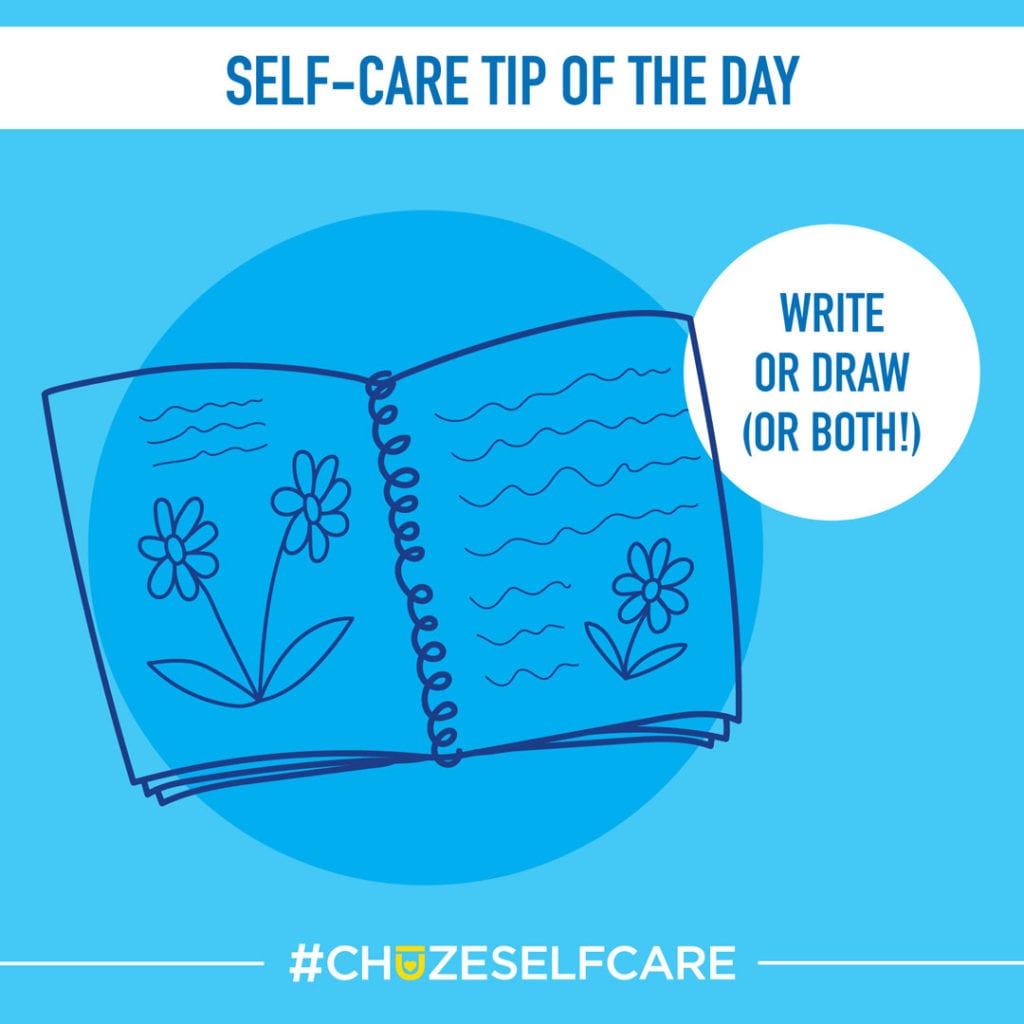 A blue illustration that says, "Self Care Tip Of The Day, write or draw (or both)!"